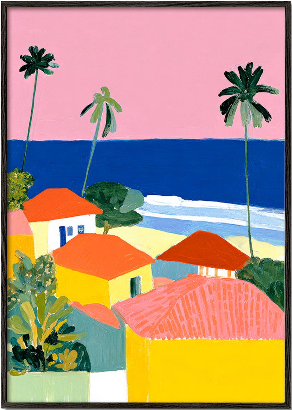 Art de paysage: palmiers et maisons aux teintes chaudes