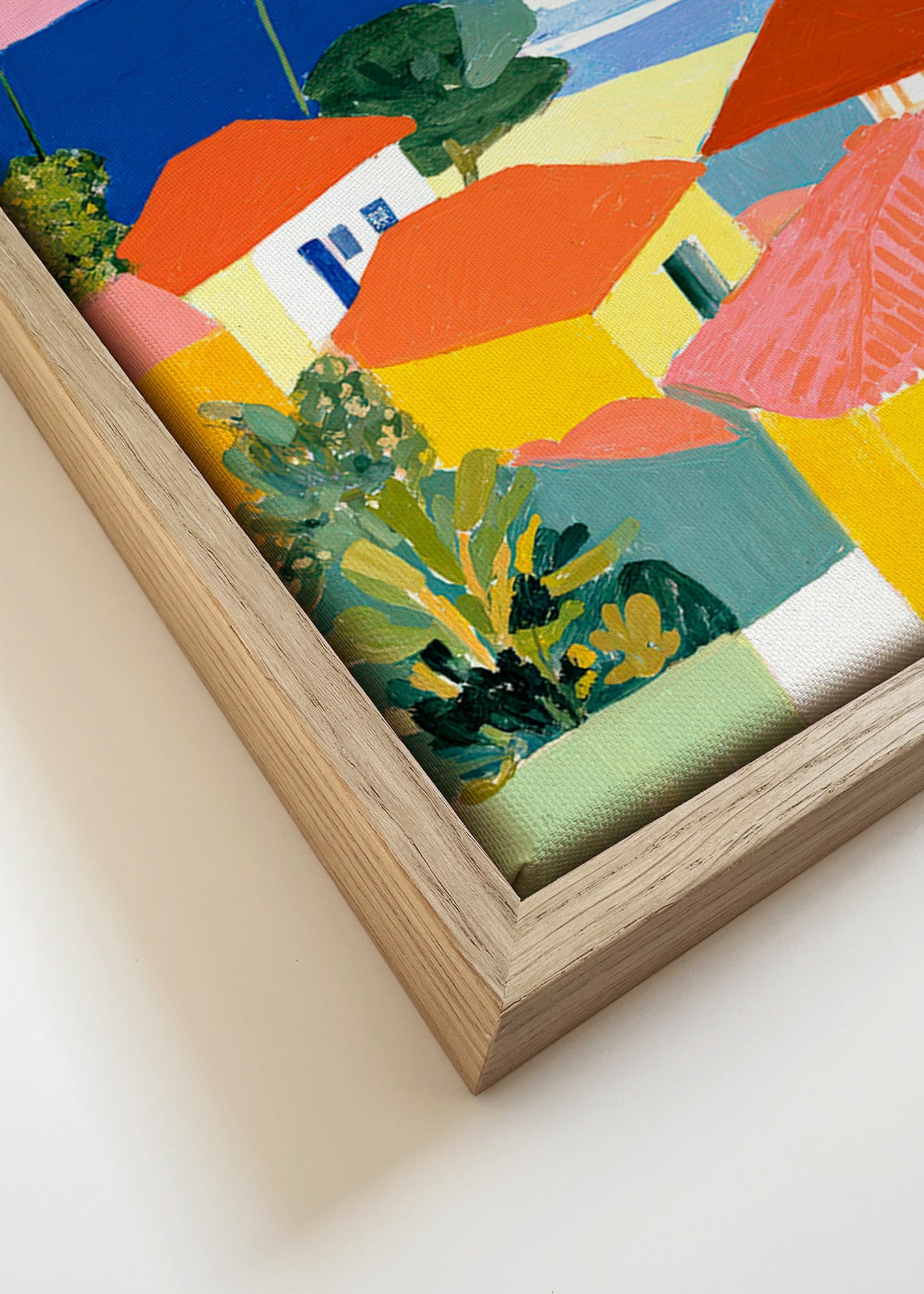 Art de paysage: palmiers et maisons aux teintes chaudes