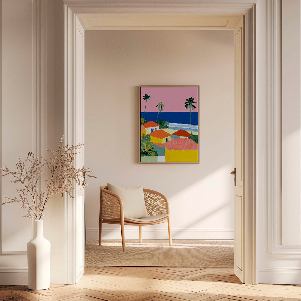 Art de paysage: palmiers et maisons aux teintes chaudes
