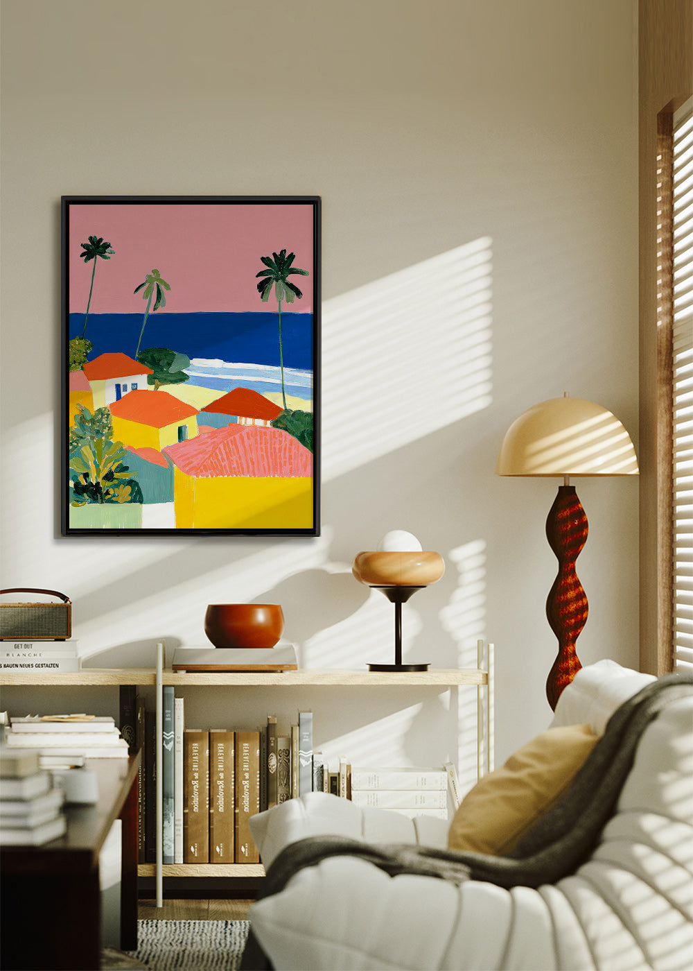 Art de paysage: palmiers et maisons aux teintes chaudes