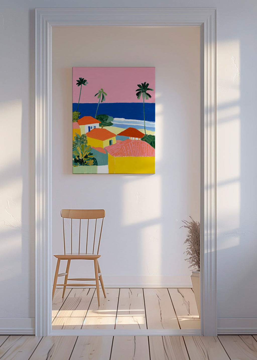 Art de paysage: palmiers et maisons aux teintes chaudes