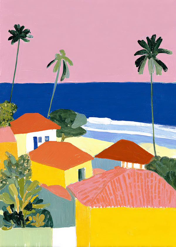 Art de paysage: palmiers et maisons aux teintes chaudes
