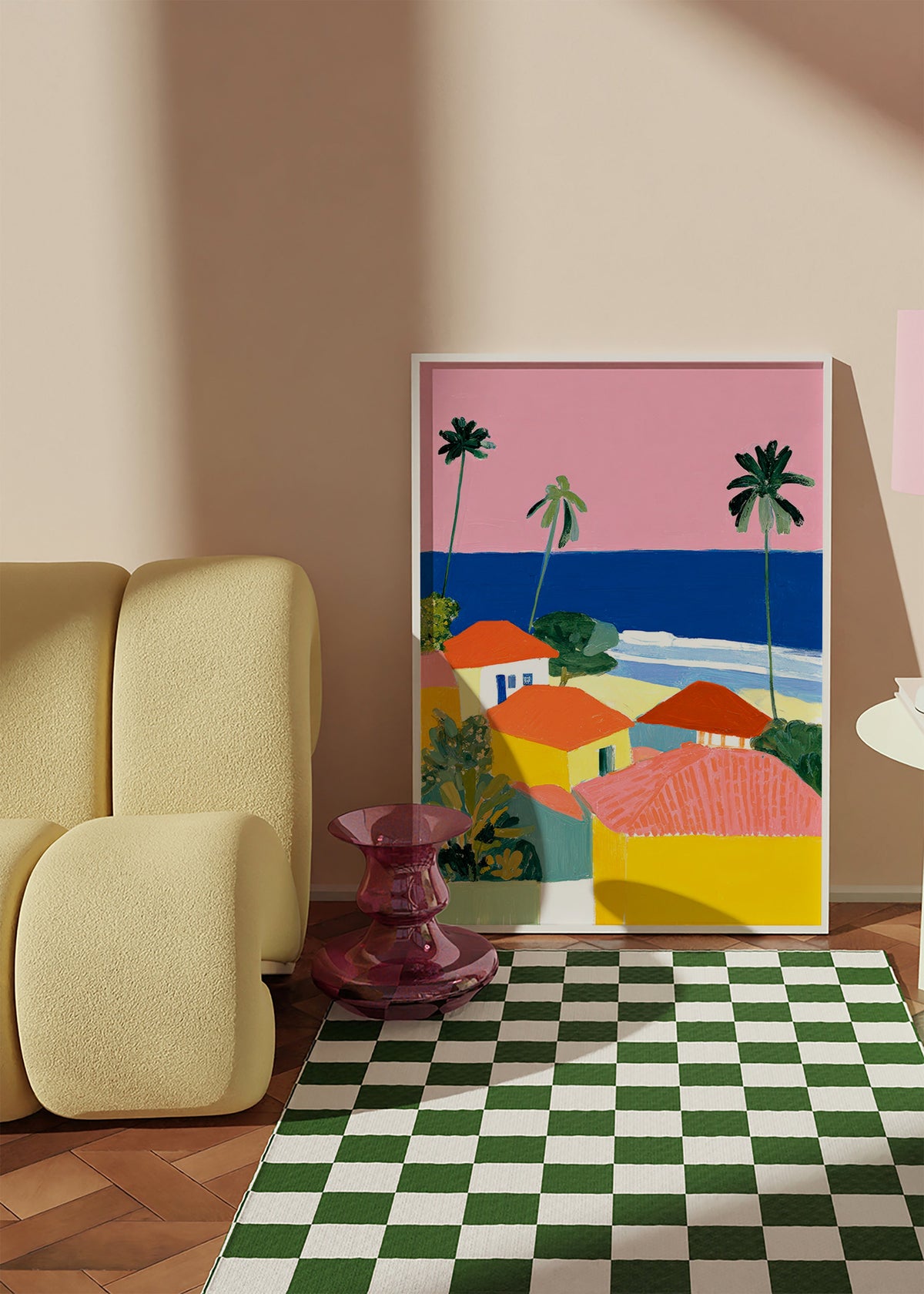 Art de paysage: palmiers et maisons aux teintes chaudes