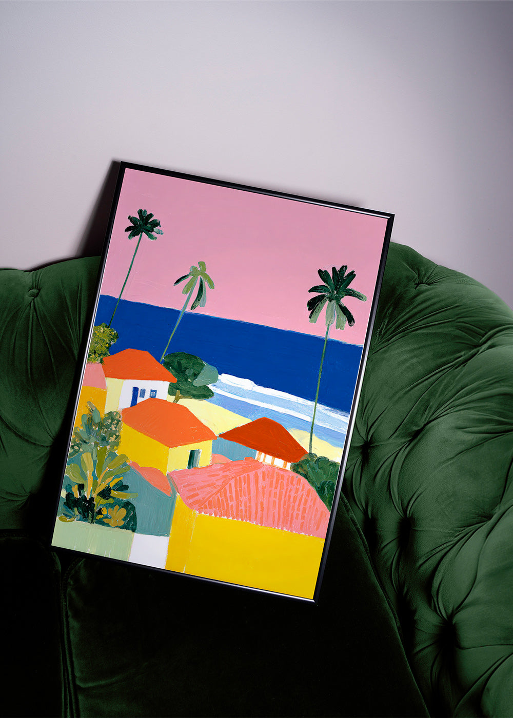 Art de paysage: palmiers et maisons aux teintes chaudes