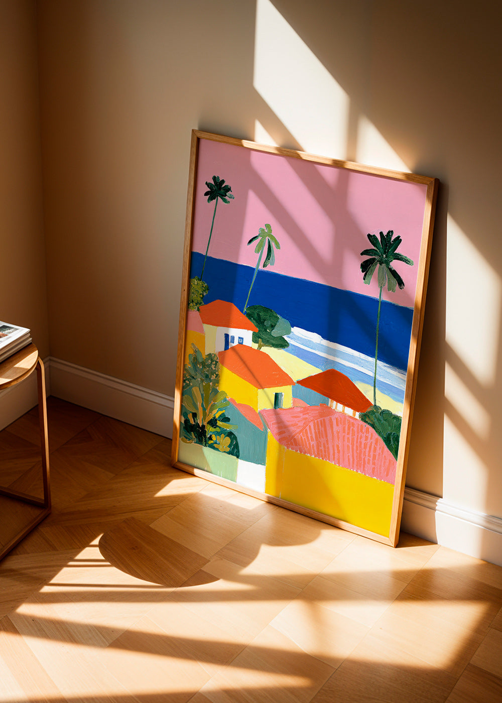 Art de paysage: palmiers et maisons aux teintes chaudes