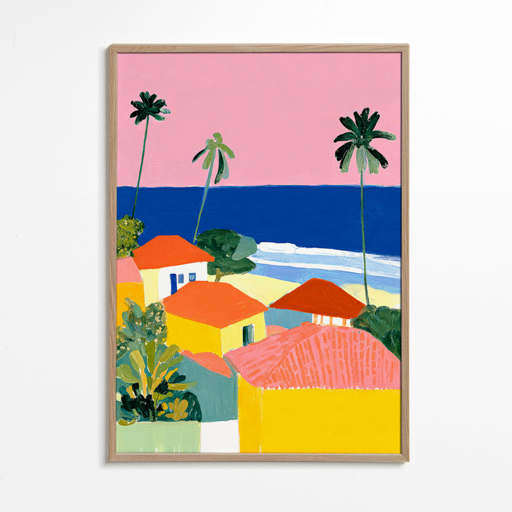 Art de paysage: palmiers et maisons aux teintes chaudes
