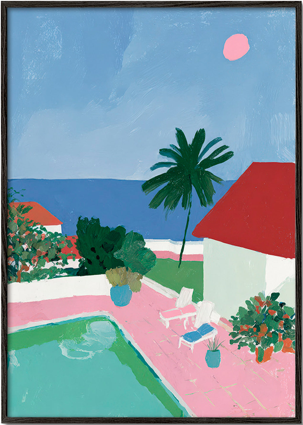 Art de paysage avec piscine, palmier et toit rouge