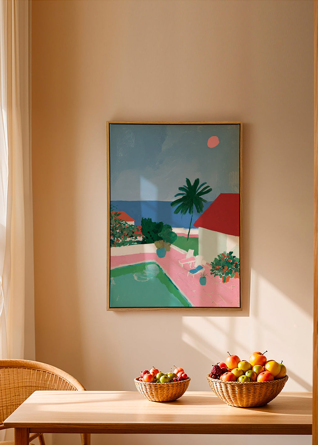 Art de paysage avec piscine, palmier et toit rouge