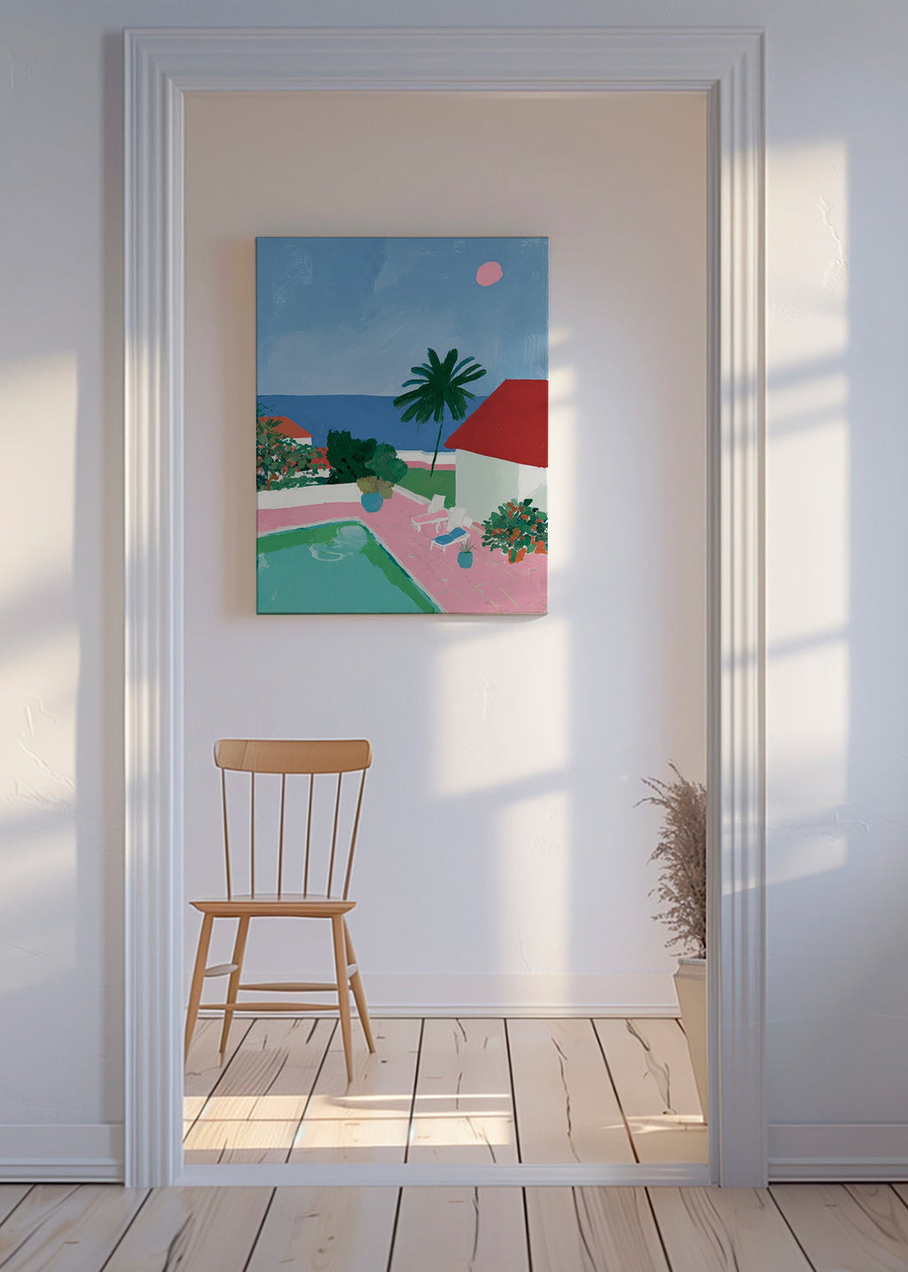 Art de paysage avec piscine, palmier et toit rouge
