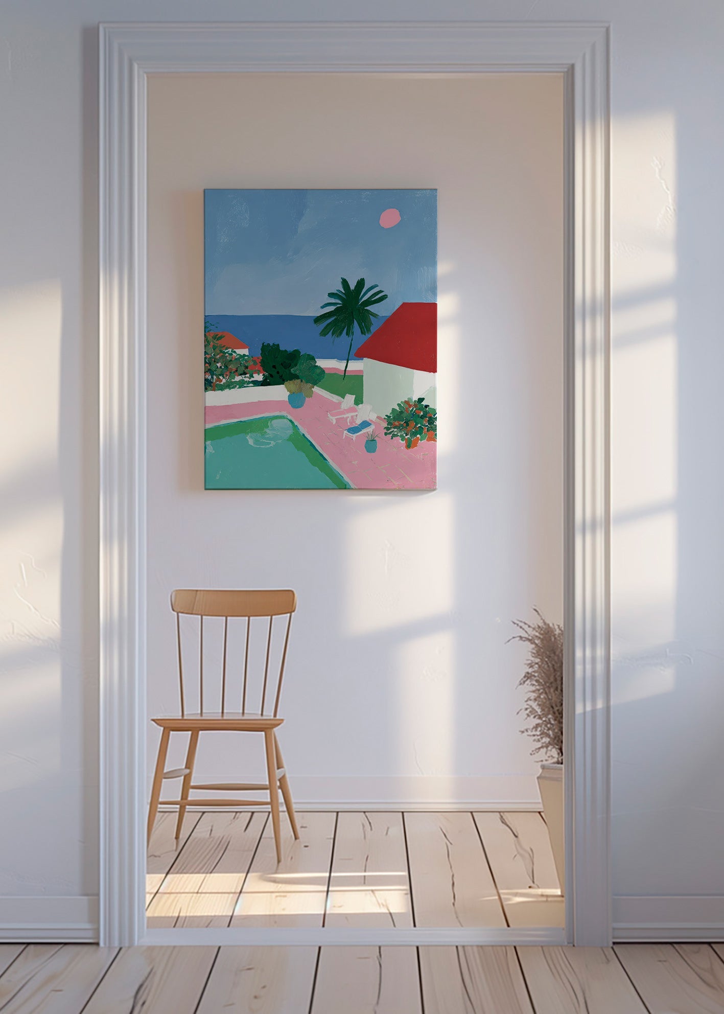 Art de paysage avec piscine, palmier et toit rouge