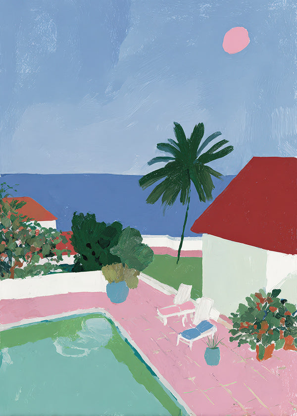 Art de paysage avec piscine, palmier et toit rouge