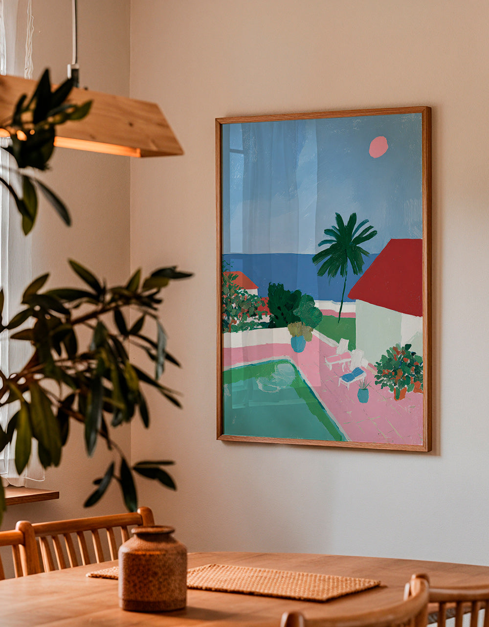 Art de paysage avec piscine, palmier et toit rouge
