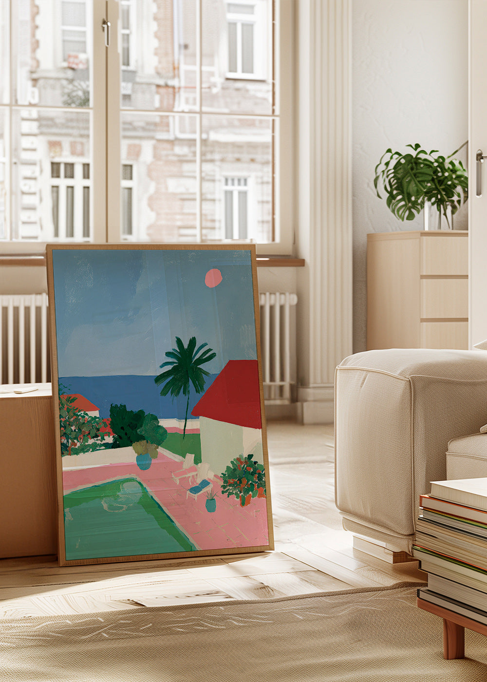 Art de paysage avec piscine, palmier et toit rouge