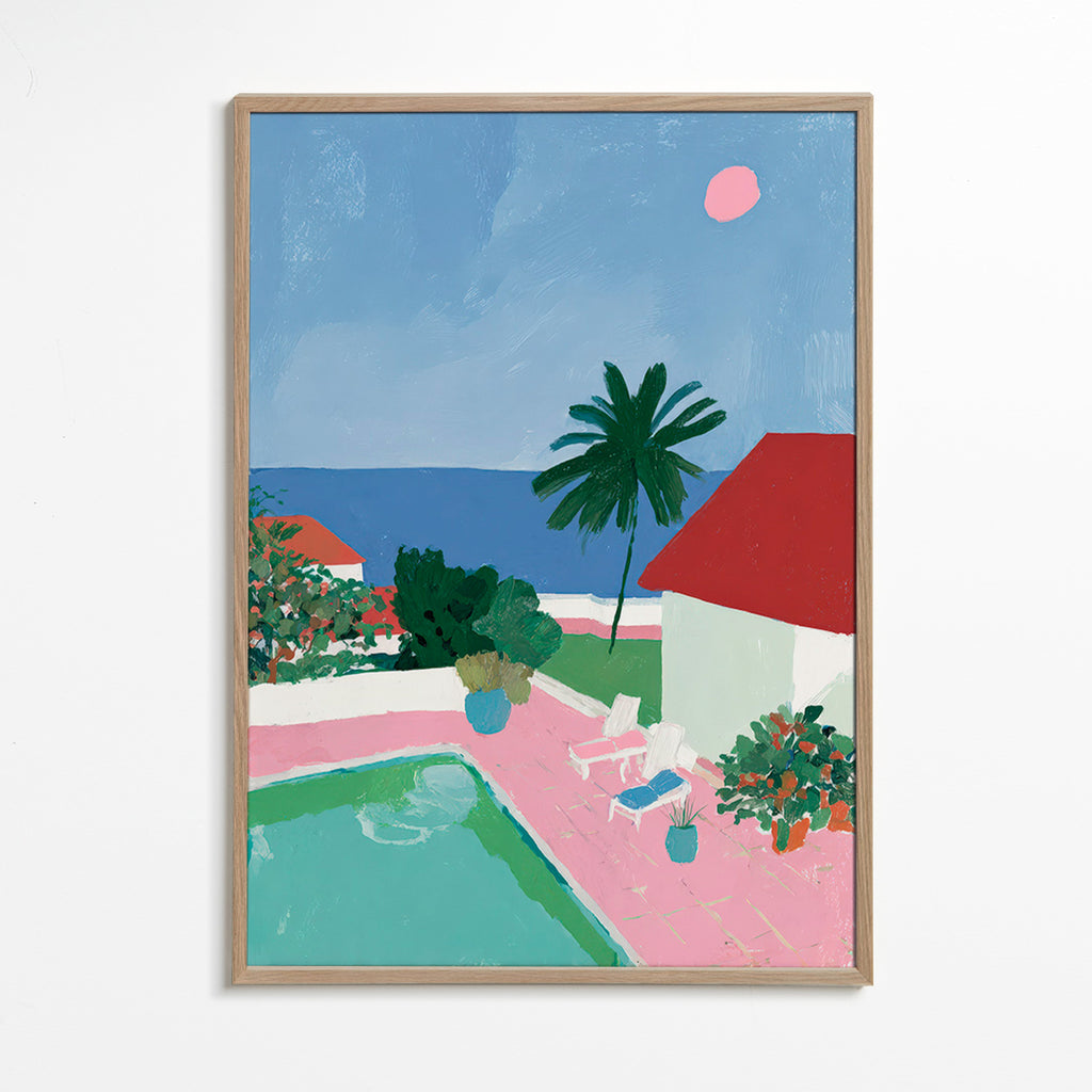 Art de paysage avec piscine, palmier et toit rouge