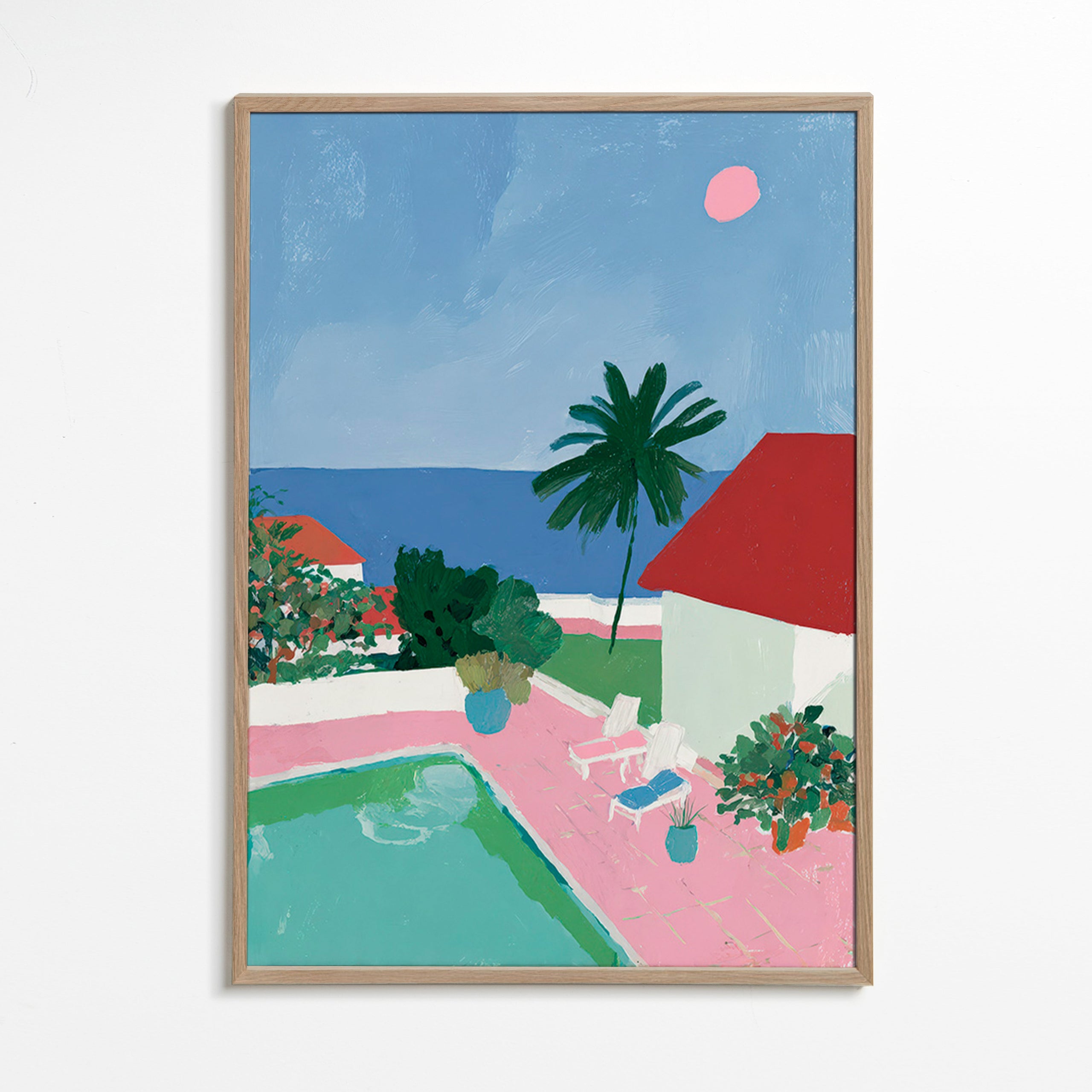 Art de paysage avec piscine, palmier et toit rouge