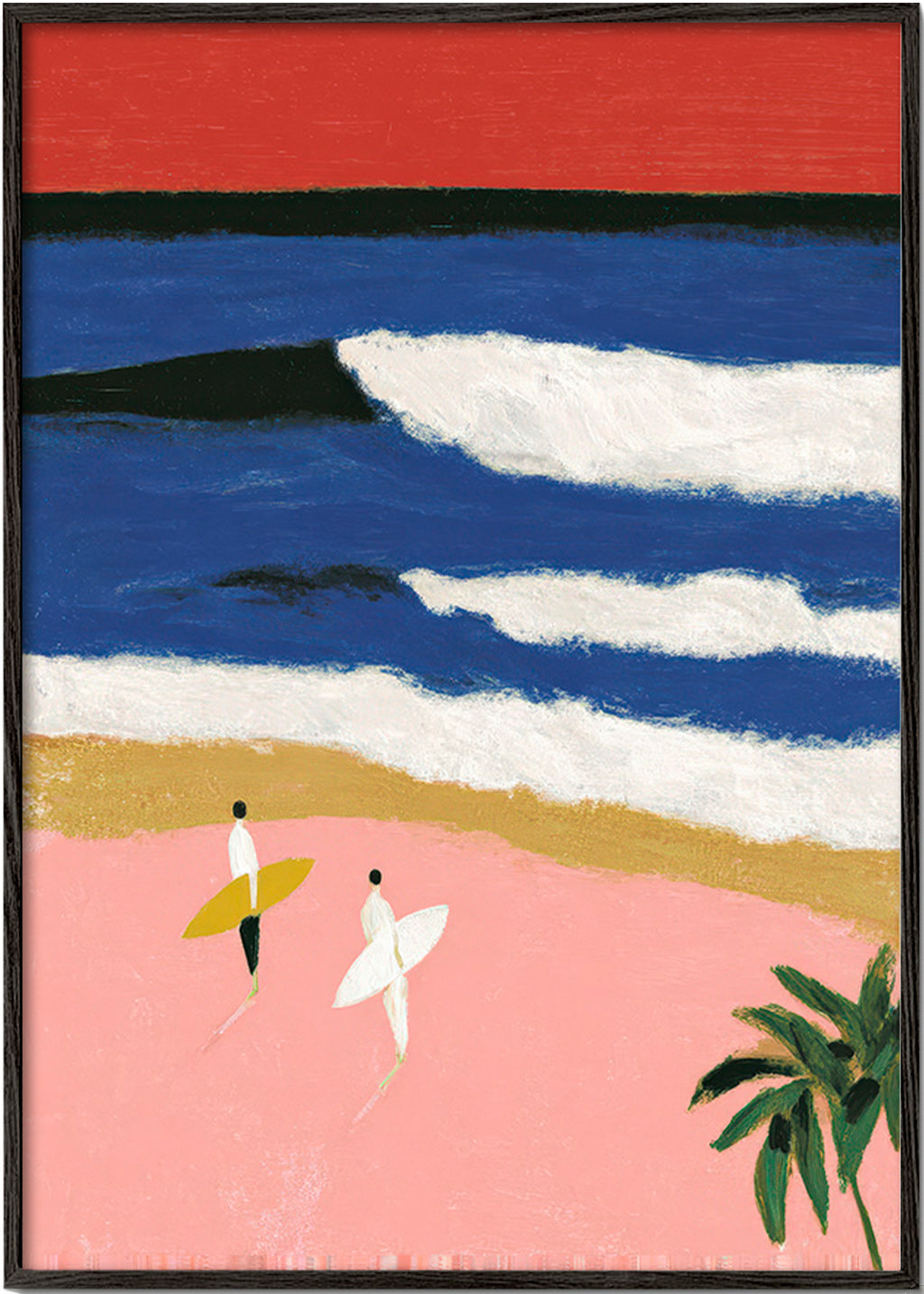 Tableau de paysage avec surfeurs et sable rose