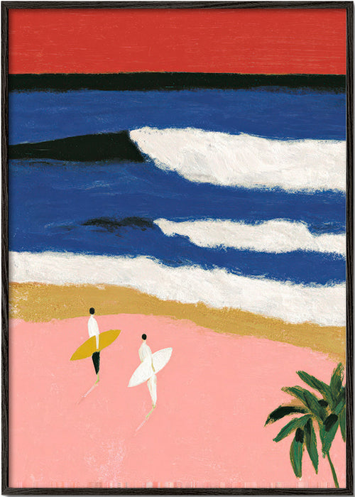 Tableau de paysage avec surfeurs et sable rose