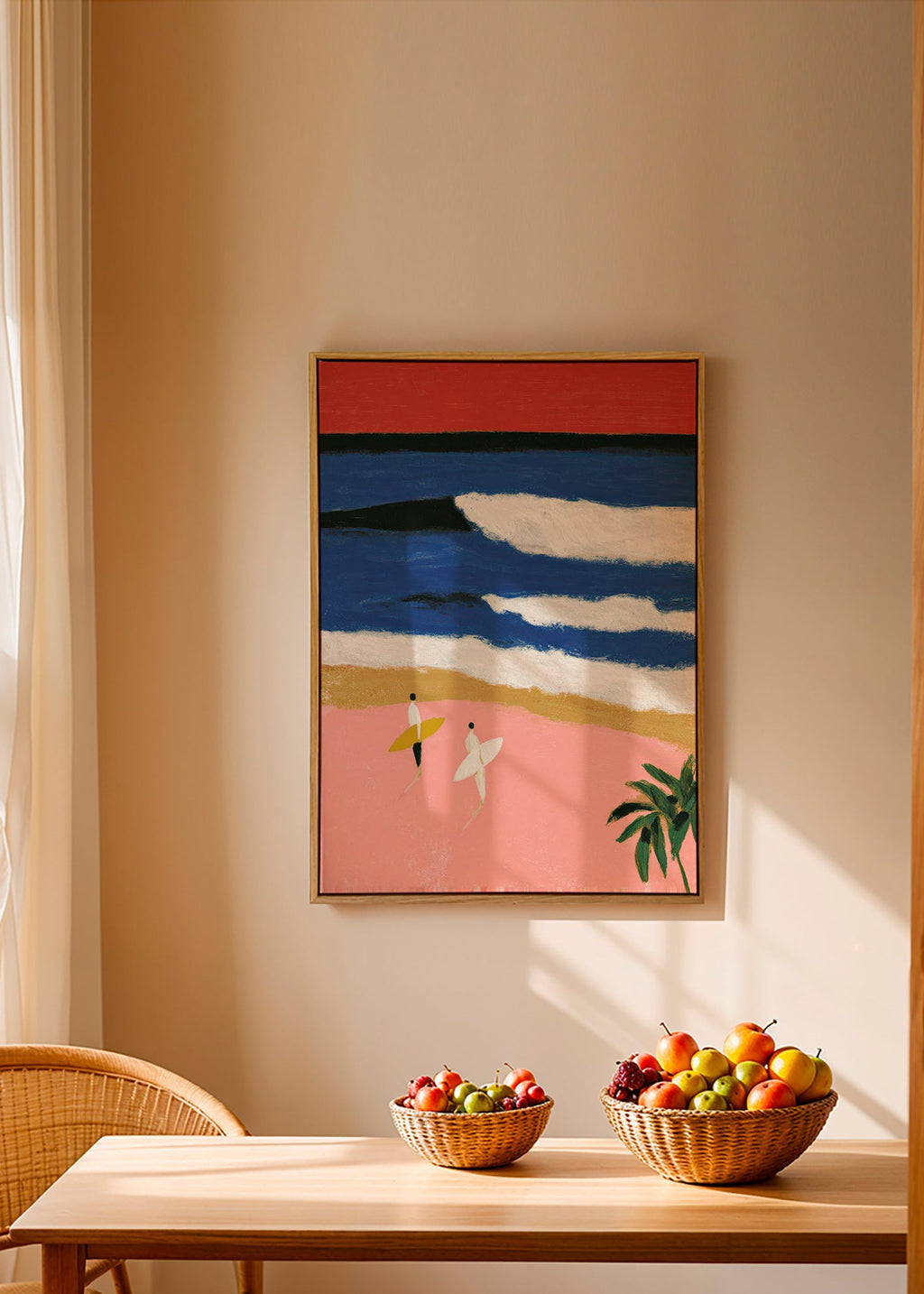 Tableau de paysage avec surfeurs et sable rose