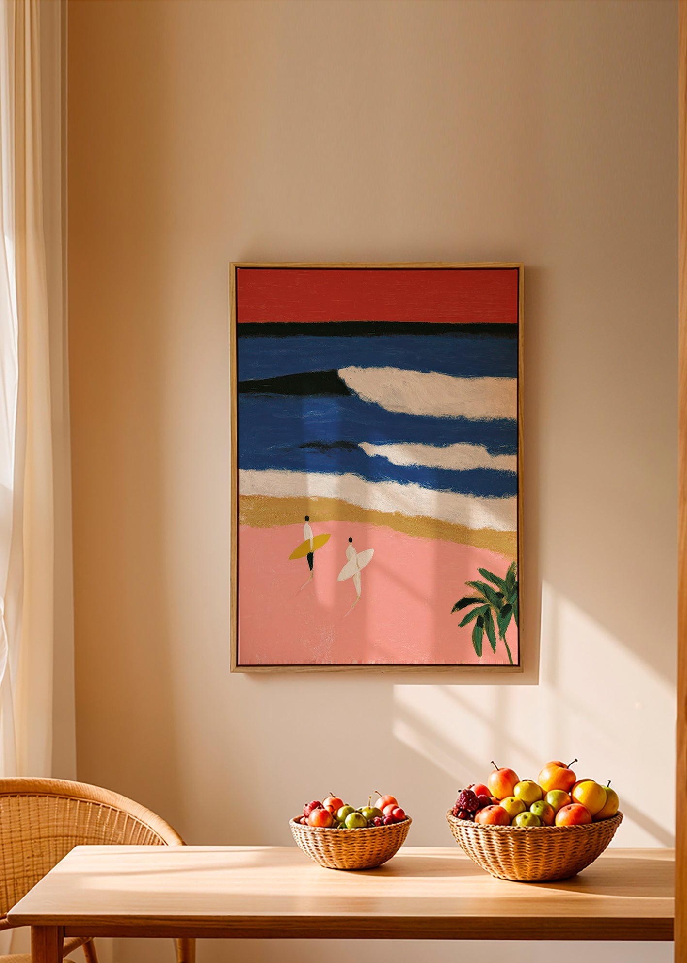 Tableau de paysage avec surfeurs et sable rose