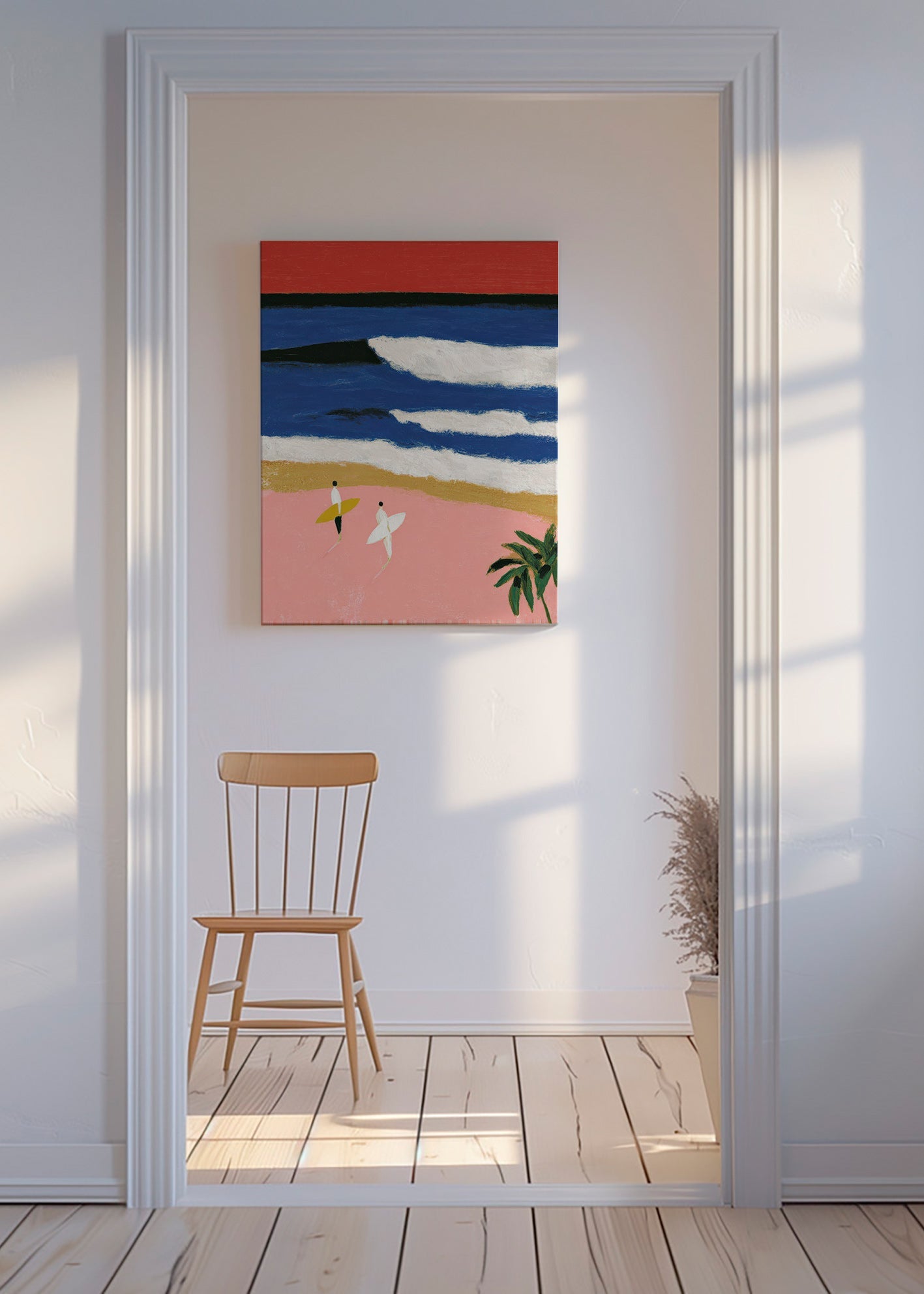 Tableau de paysage avec surfeurs et sable rose