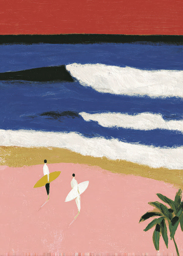 Tableau de paysage avec surfeurs et sable rose