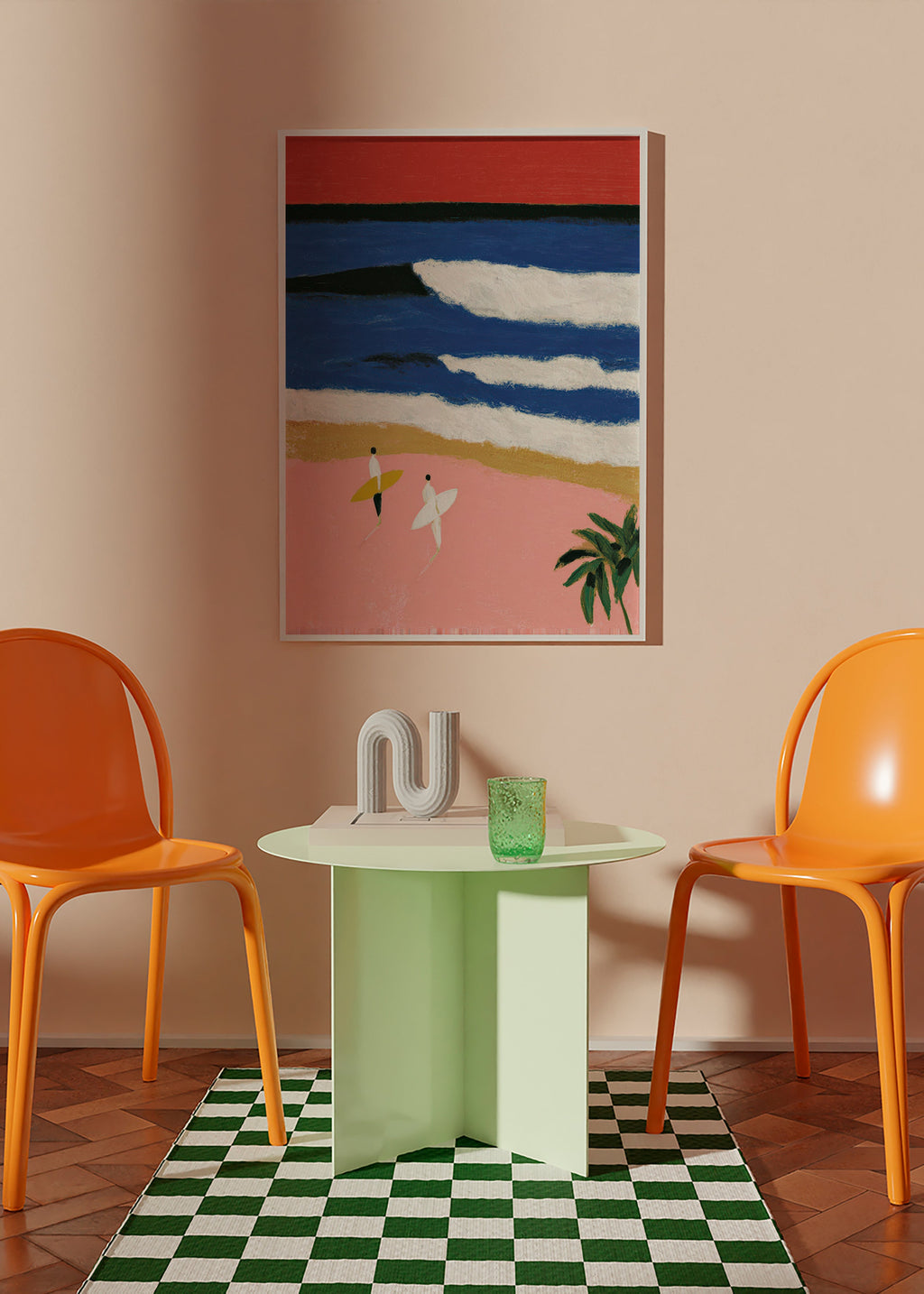 Tableau de paysage avec surfeurs et sable rose
