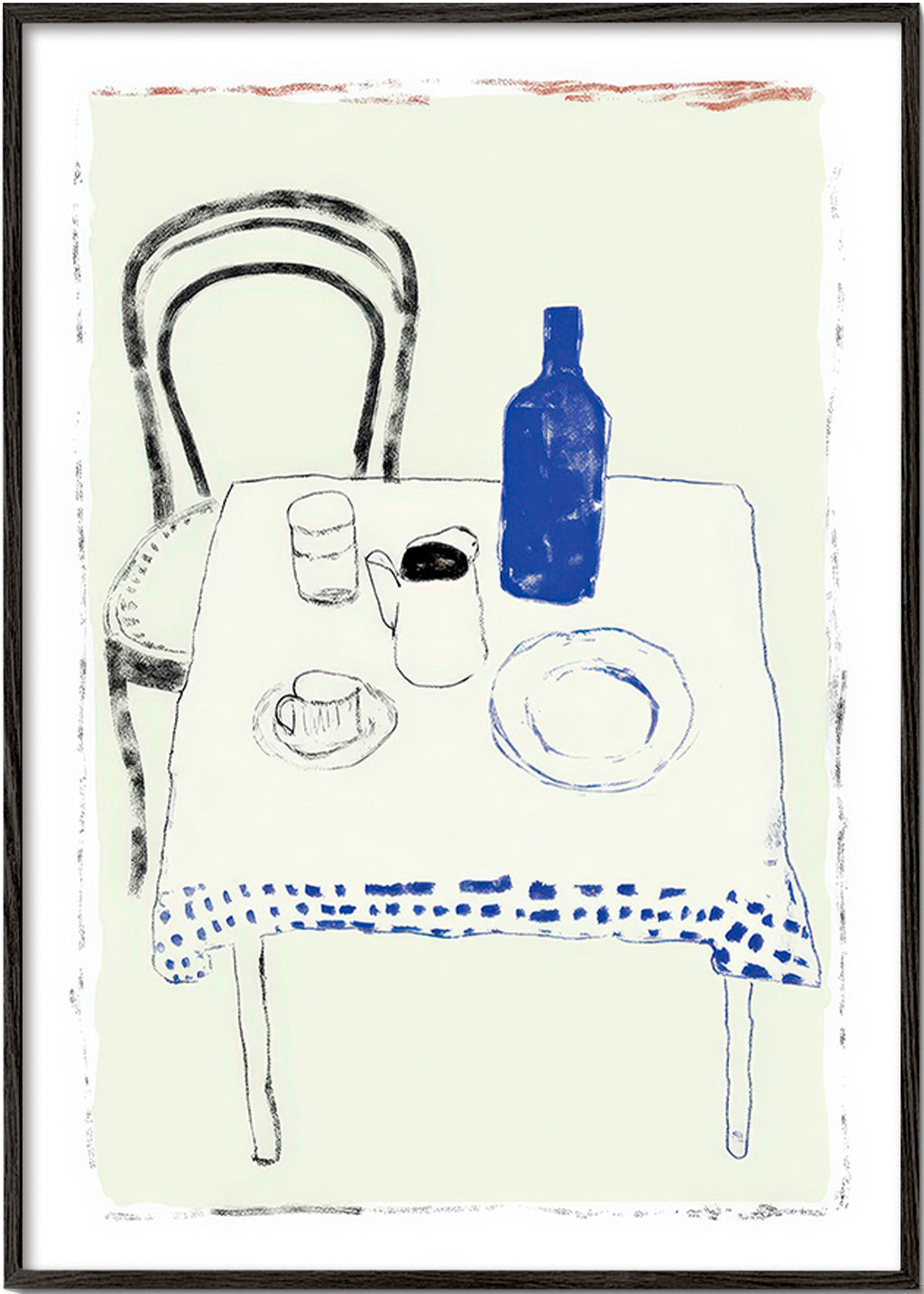 Art de cuisine bouteille bleue et vaisselle épurée