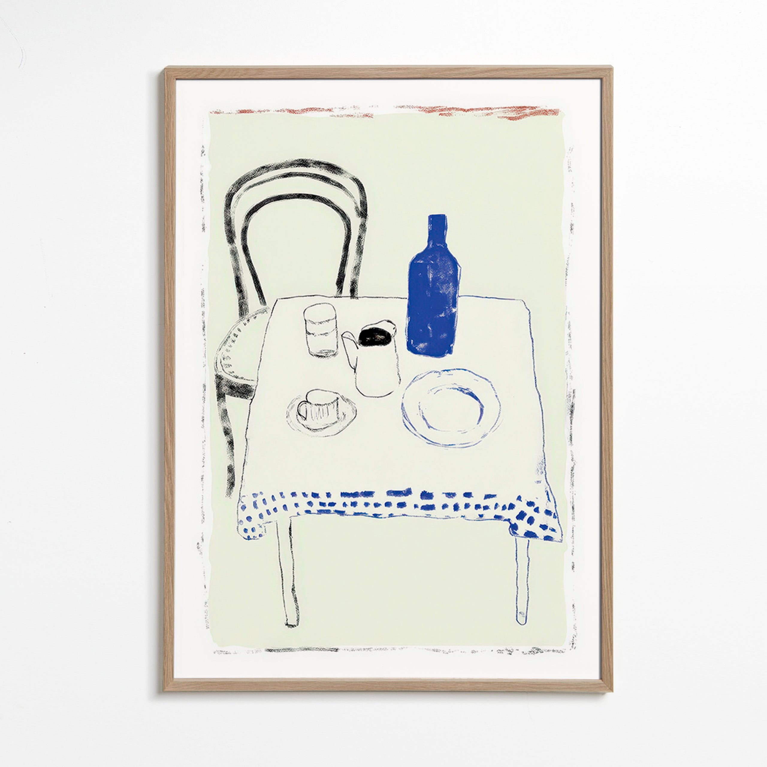 Art de cuisine bouteille bleue et vaisselle épurée