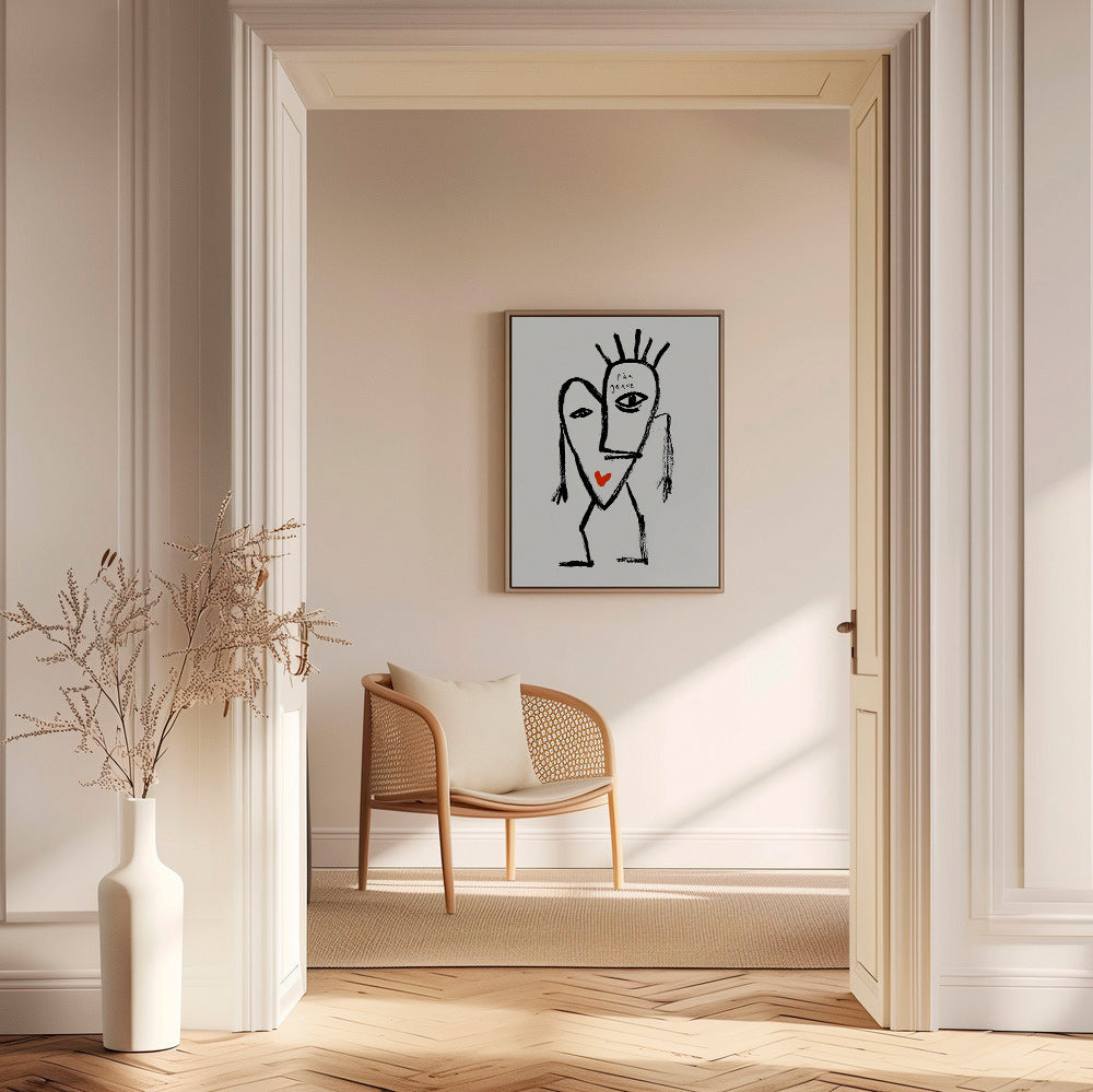 Art abstrait visage linéaire avec coeur rouge