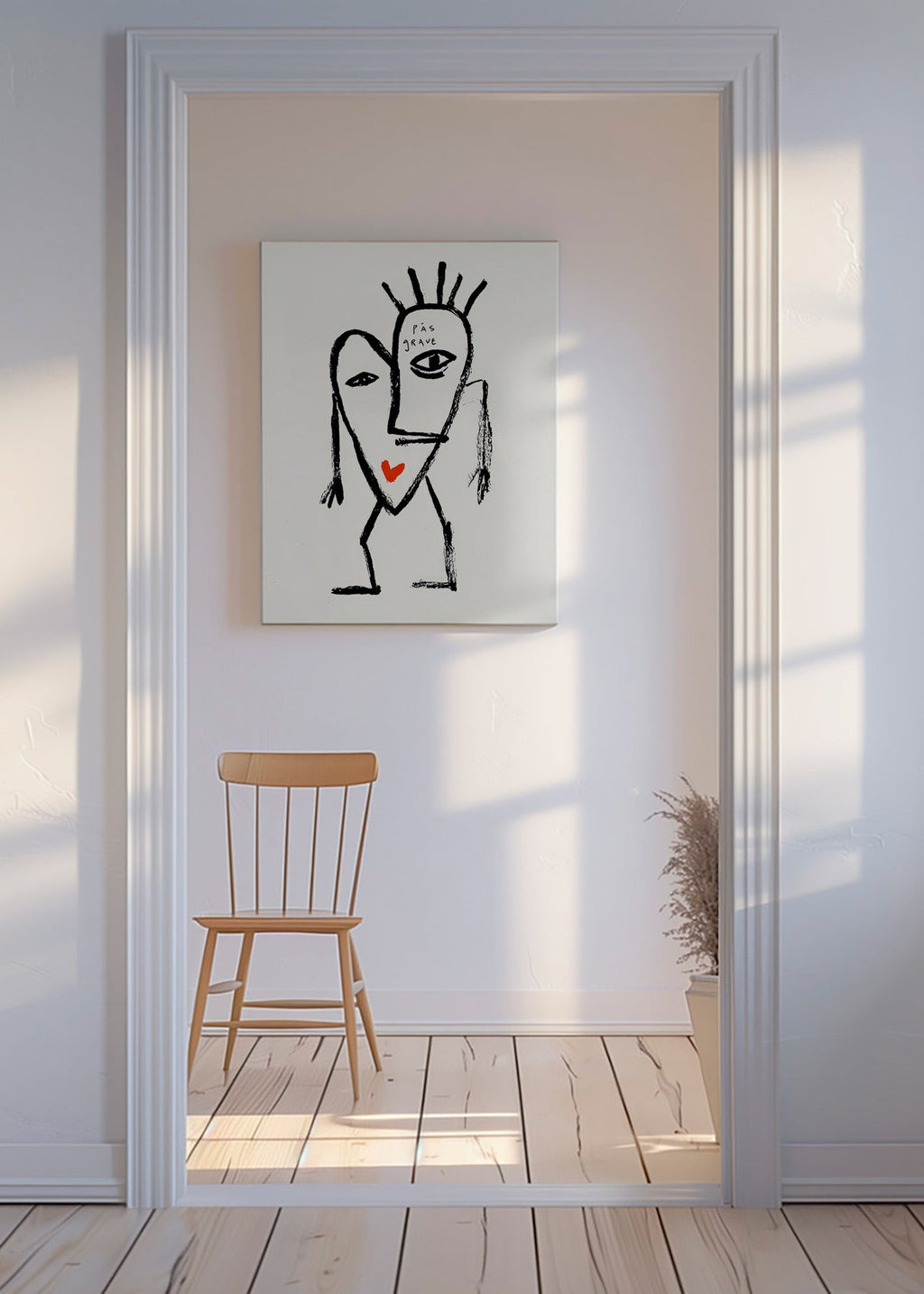 Art abstrait visage linéaire avec coeur rouge