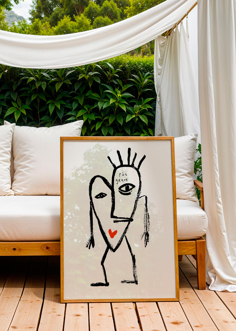 Art abstrait visage linéaire avec coeur rouge