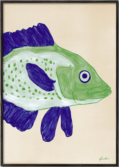 Illustration de poisson vert aux traits bleus