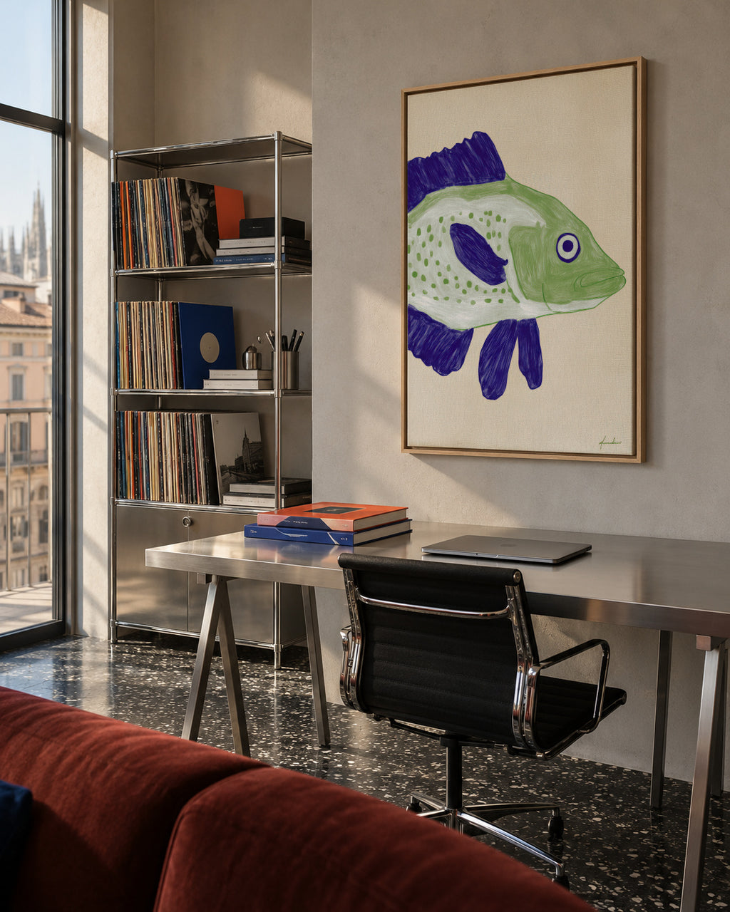 Green Fish - Framed canvas in an interior
