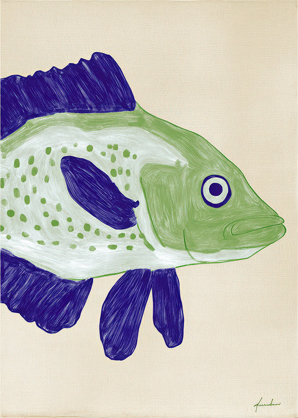 Illustration de poisson vert aux traits bleus