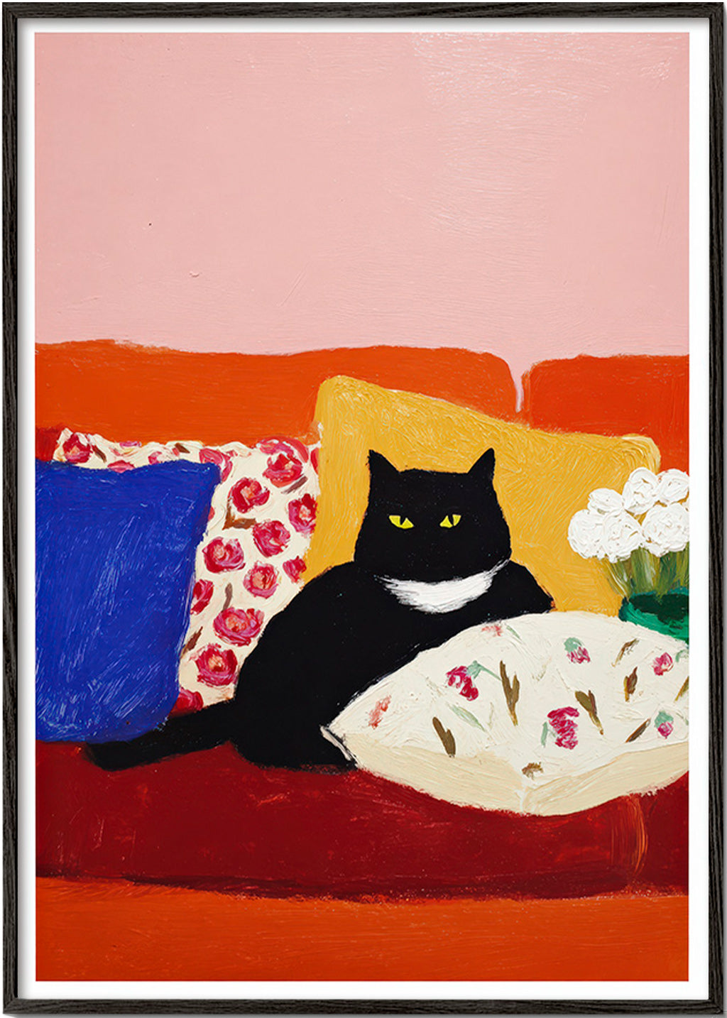 Œuvre chat noir sur canapé coloré