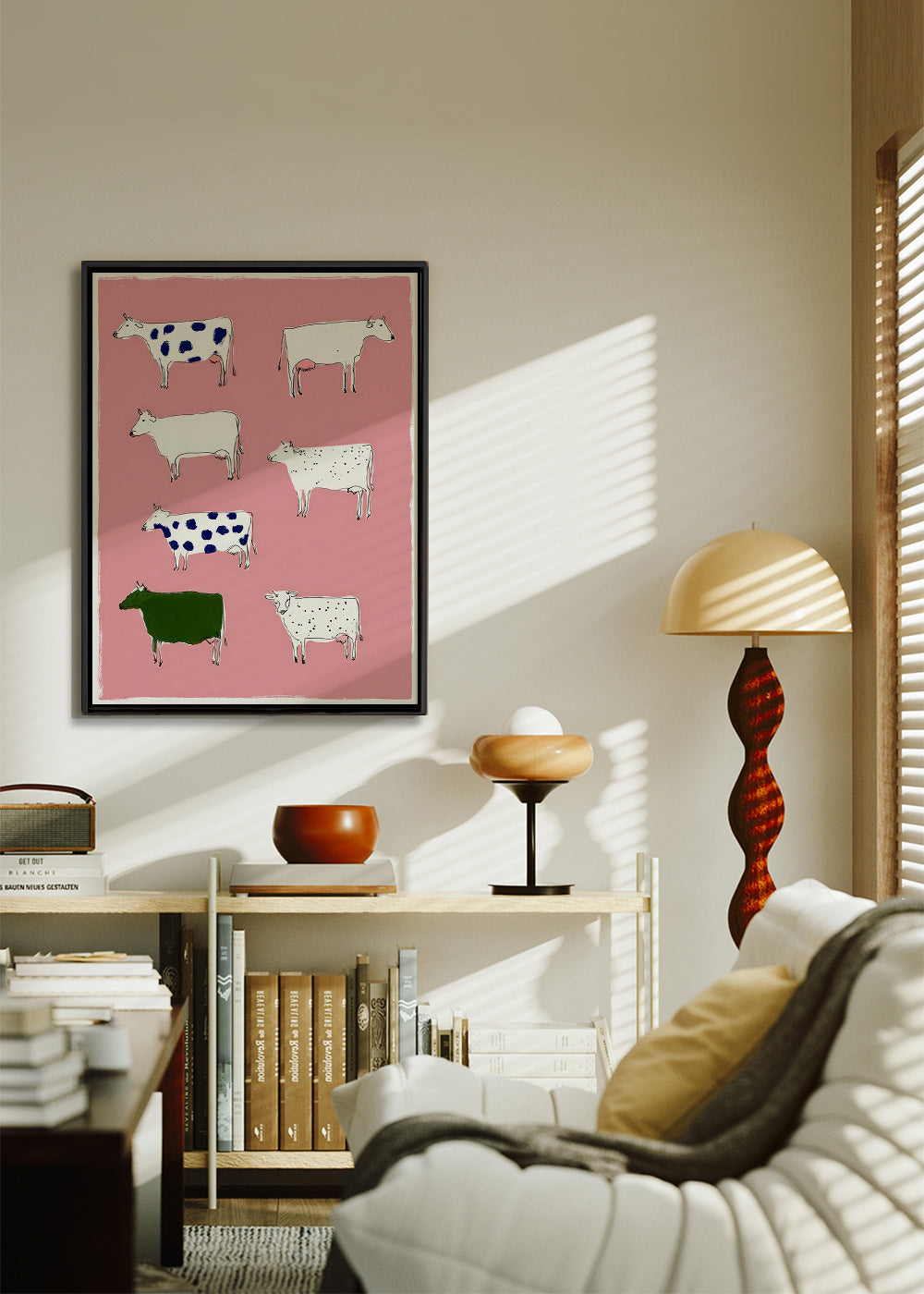 Œuvre de vaches illustrées sur fond rose