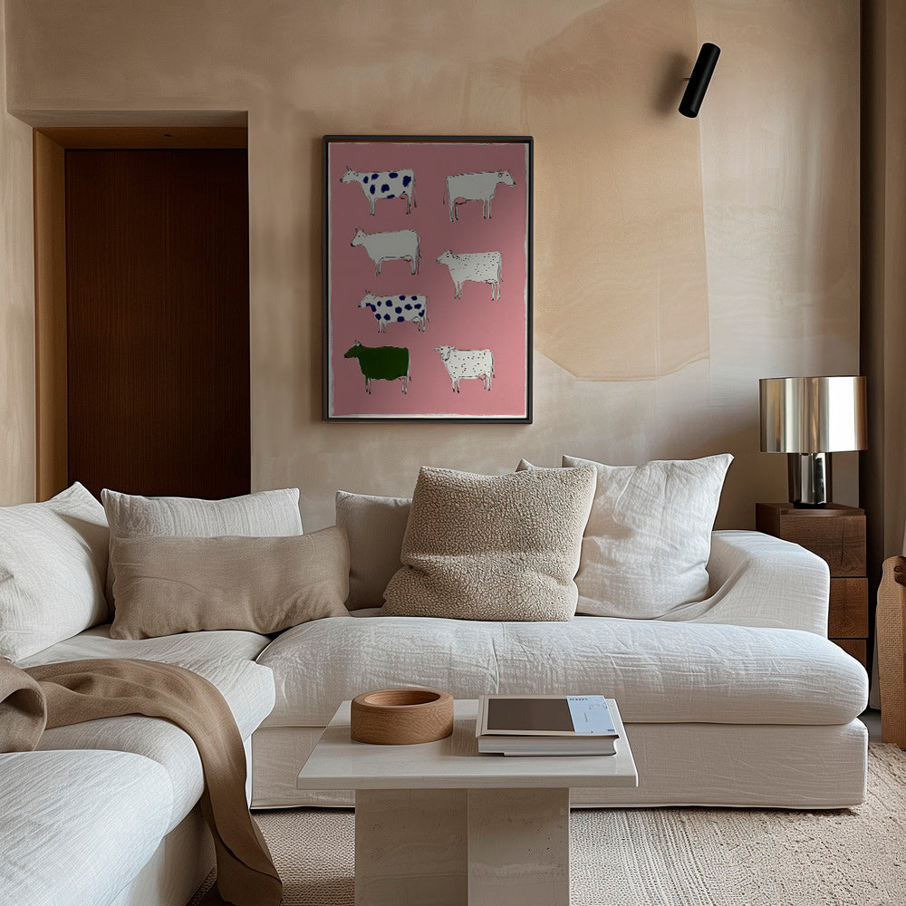 Œuvre de vaches illustrées sur fond rose