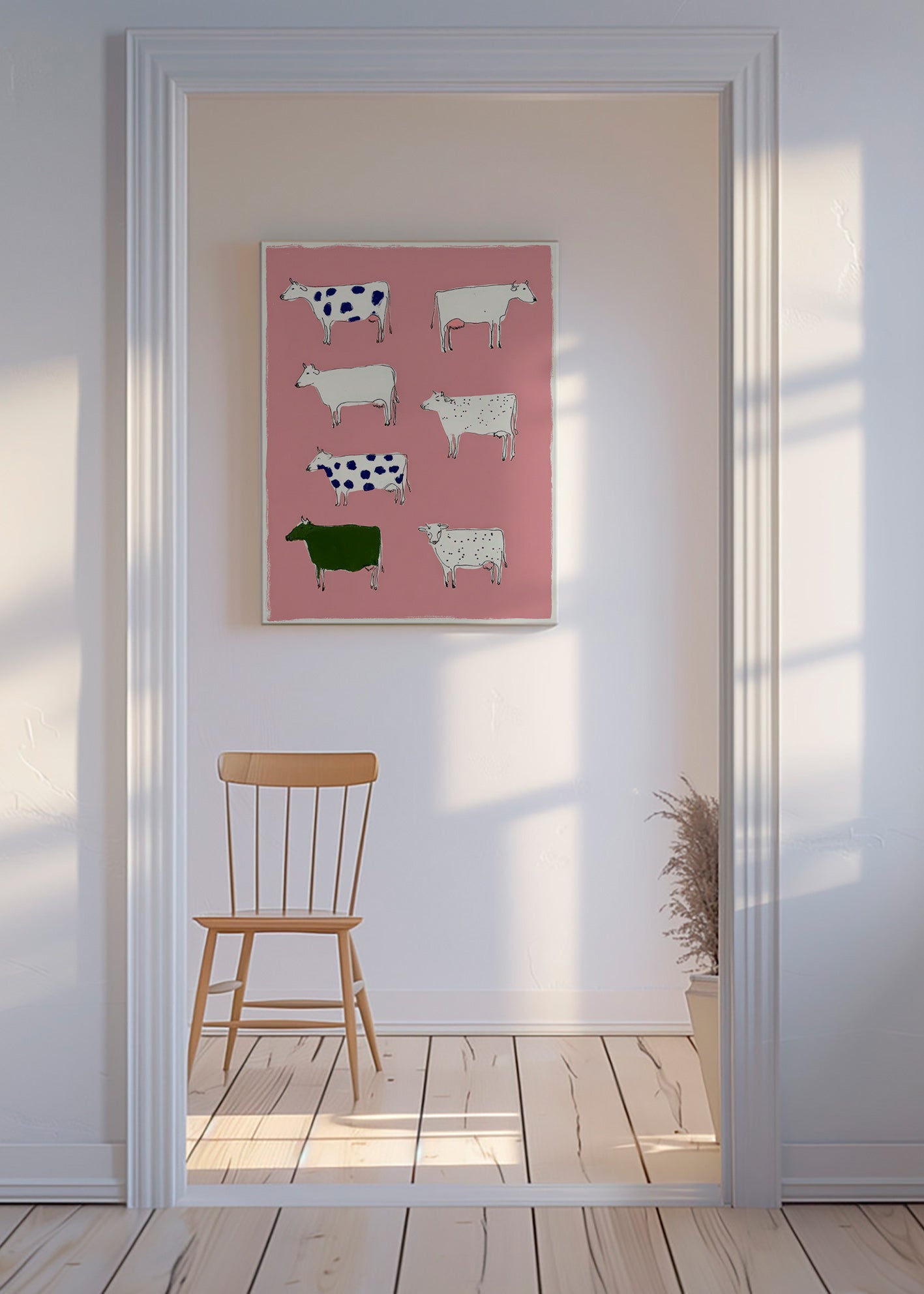 Œuvre de vaches illustrées sur fond rose