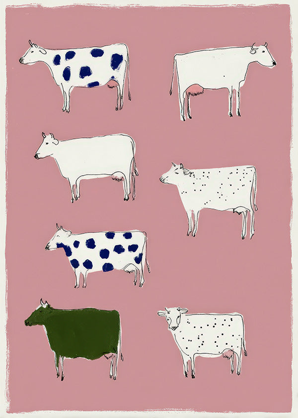 Œuvre de vaches illustrées sur fond rose