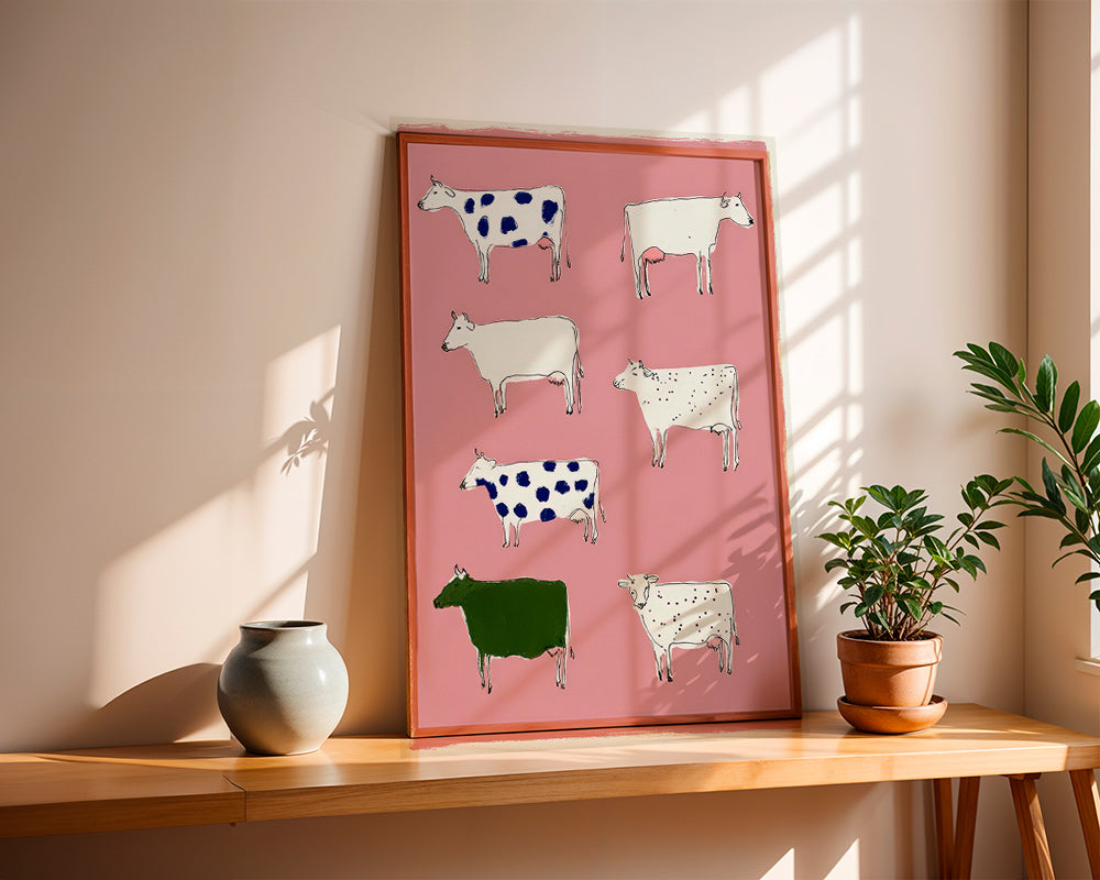 Œuvre de vaches illustrées sur fond rose