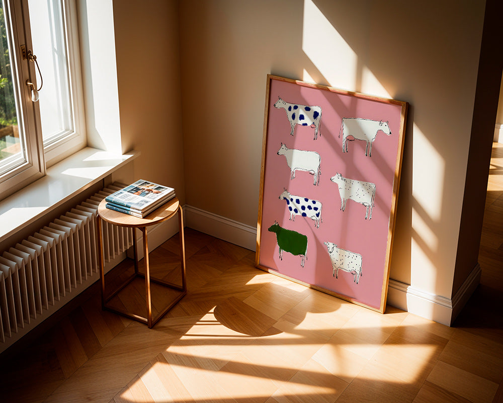 Œuvre de vaches illustrées sur fond rose