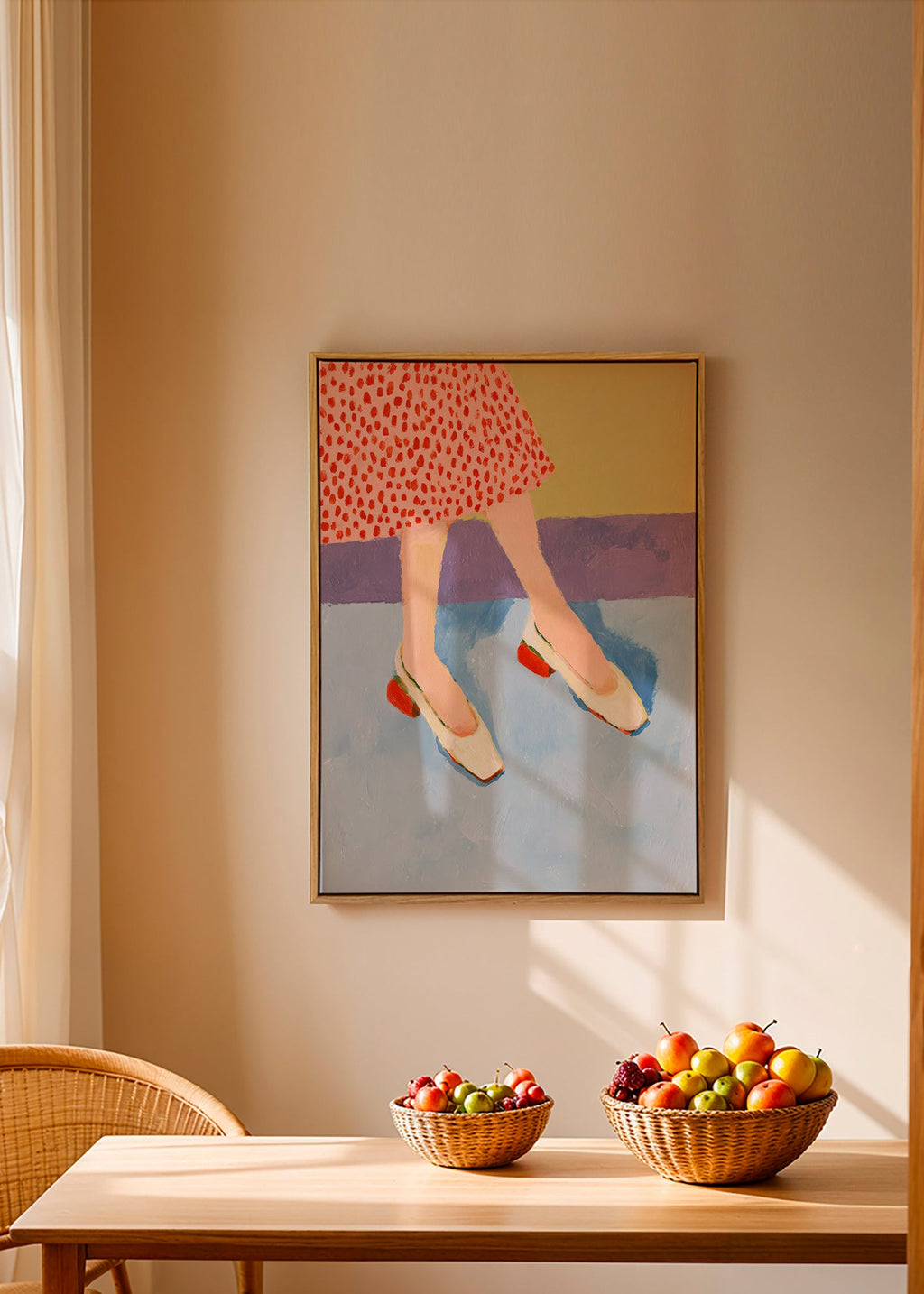 Illustration chaussures rouges et jupe à motifs