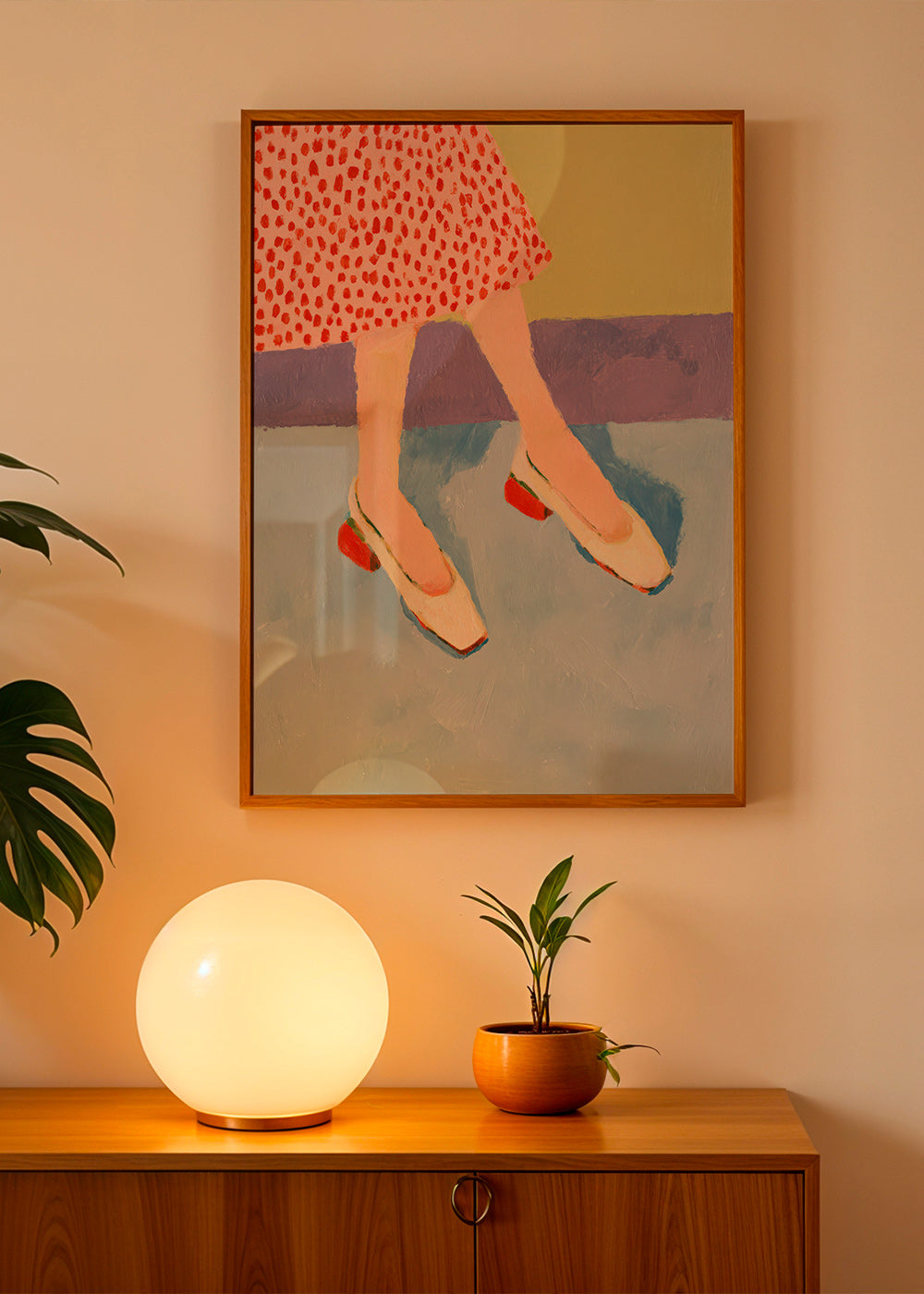 Illustration chaussures rouges et jupe à motifs