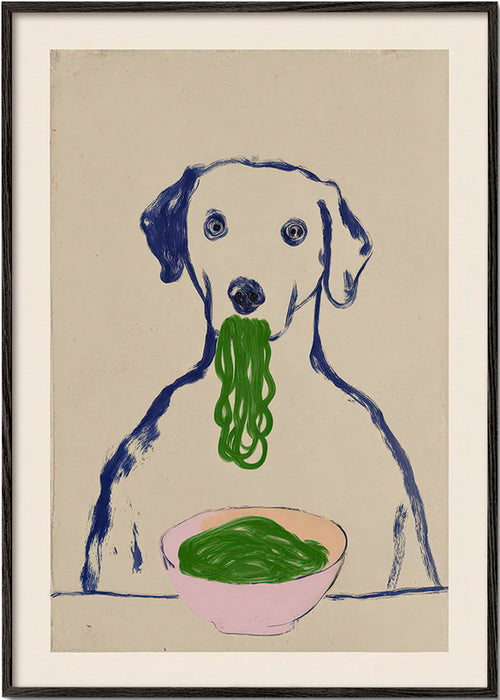 Art de cuisine: chien mangeant nouilles