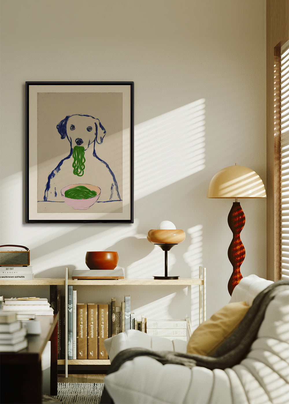 Art de cuisine: chien mangeant nouilles