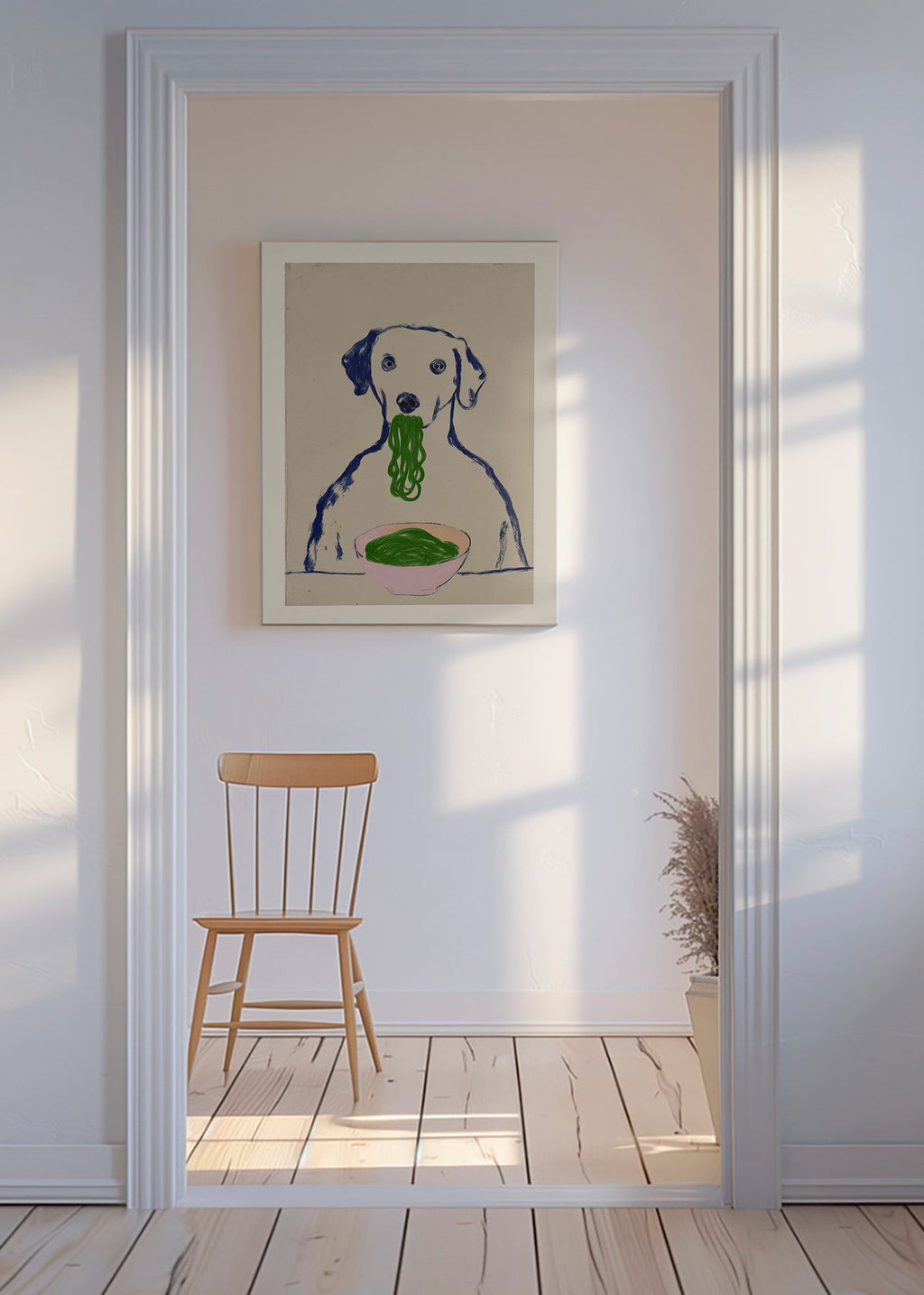 Art de cuisine: chien mangeant nouilles