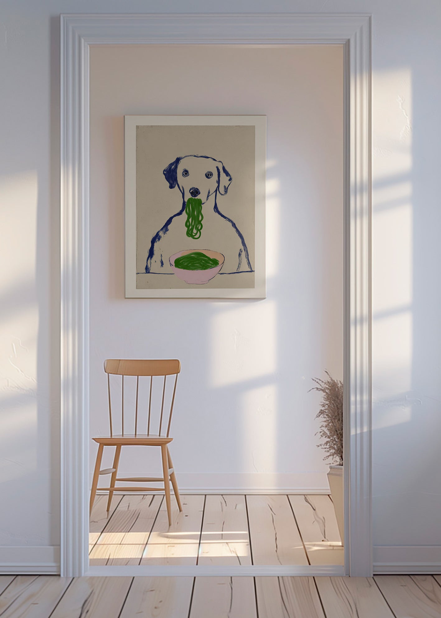 Art de cuisine: chien mangeant nouilles