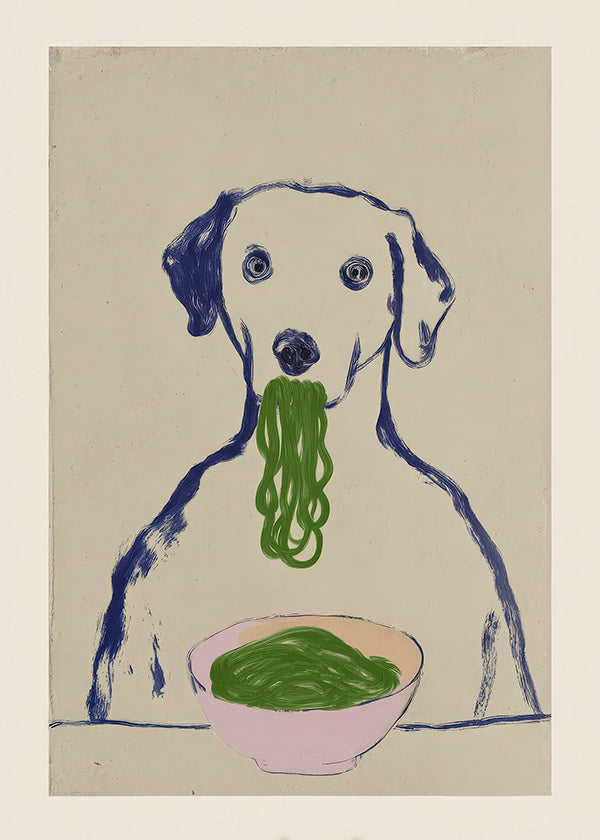 Art de cuisine: chien mangeant nouilles
