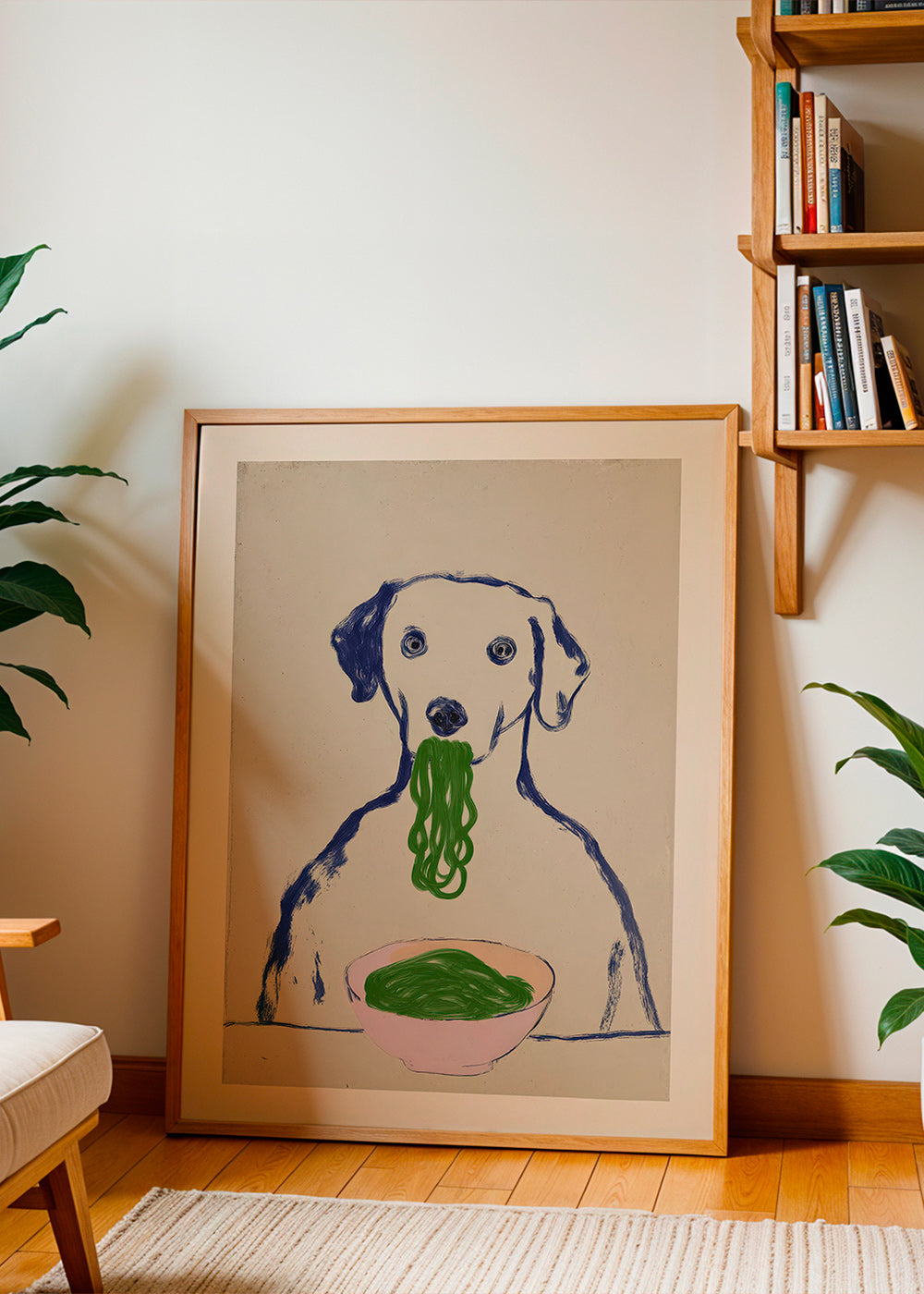 Art de cuisine: chien mangeant nouilles