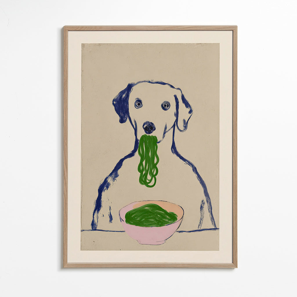 Art de cuisine: chien mangeant nouilles